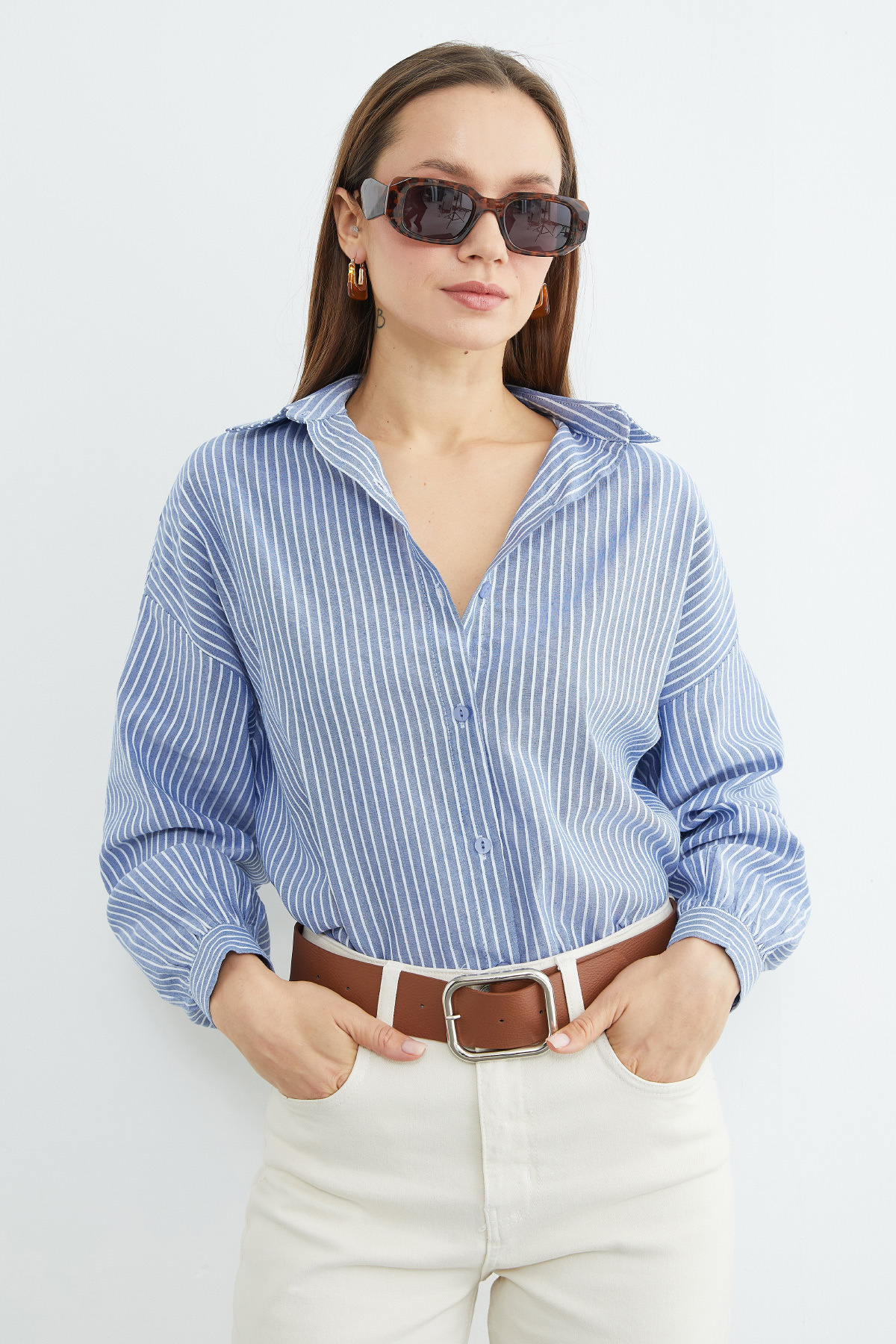 Fullamoda  Çizgili Arkası Uzun Oversize Gömlek - Görsel 2