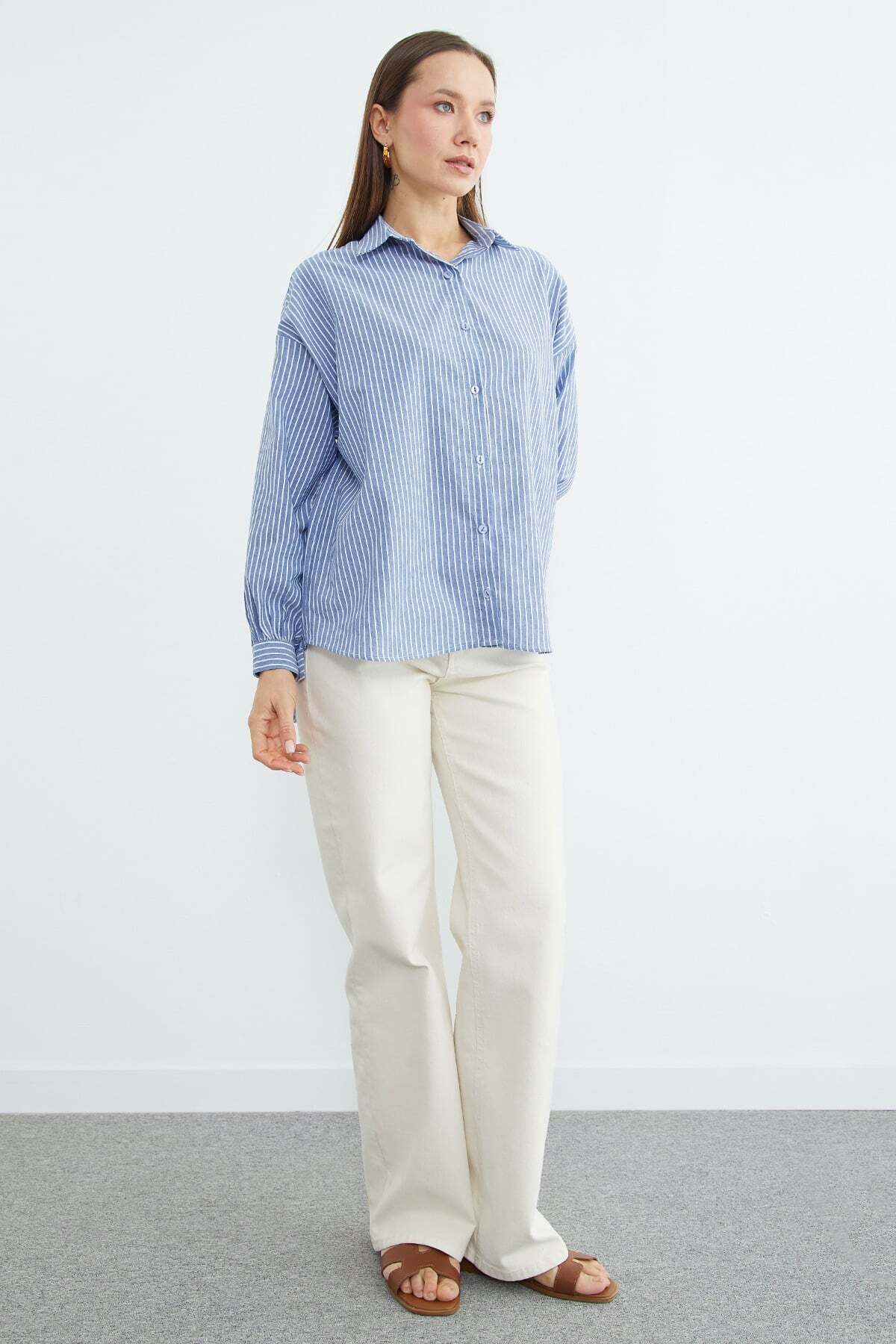 Fullamoda  Çizgili Arkası Uzun Oversize Gömlek - Görsel 5