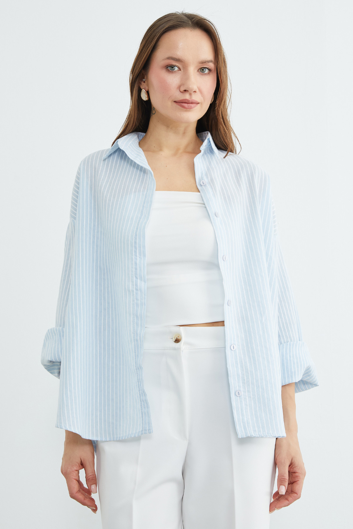 Fullamoda  Çizgili Arkası Uzun Oversize Gömlek - Görsel 3