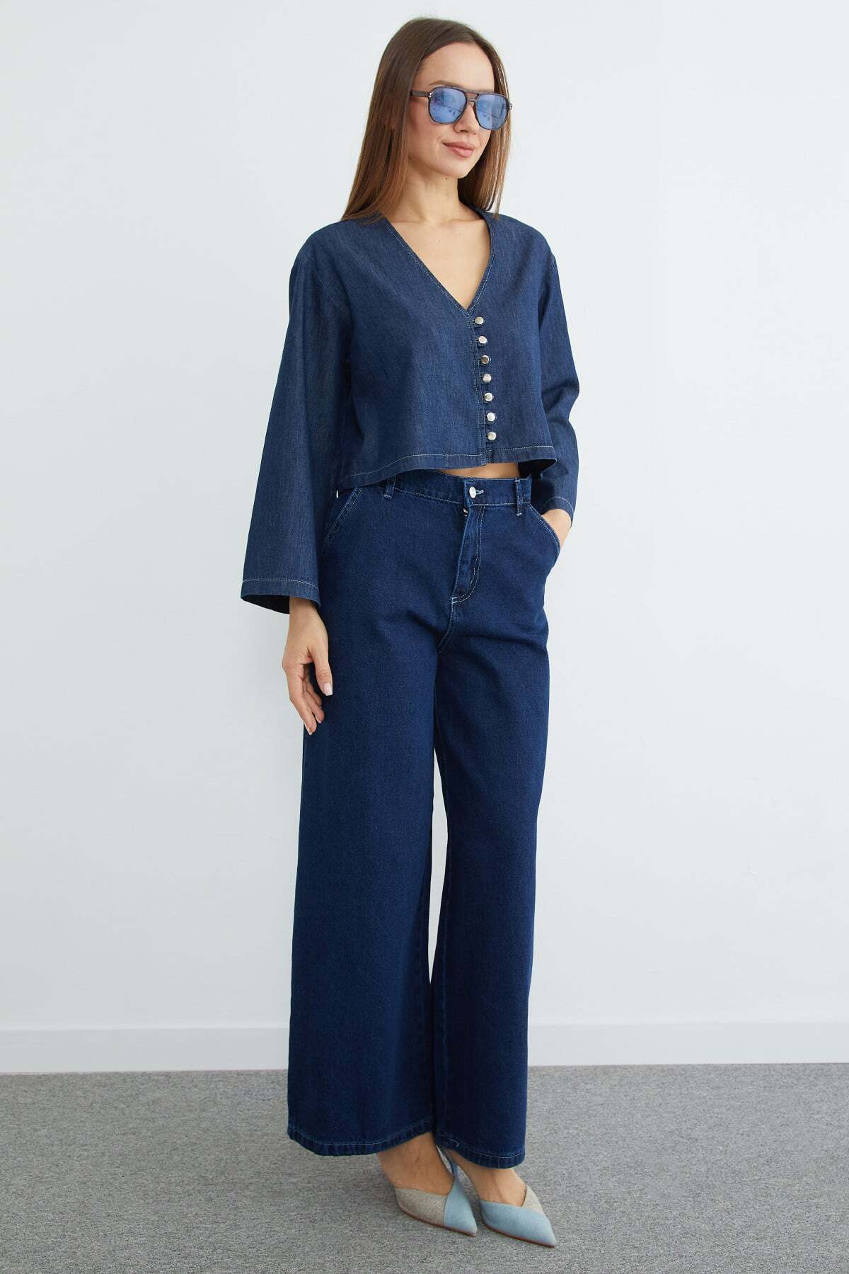 Fullamoda  Düğmeli Geniş Kol Crop Jean Gömlek - Görsel 4