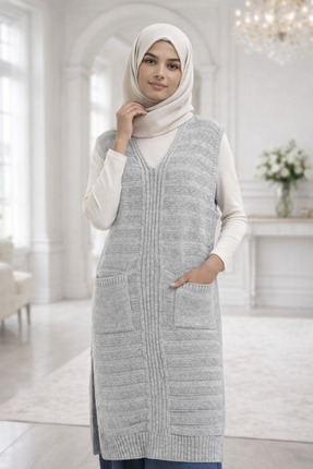 AQE FASHION Kadın Triko Salopet Yelek Gri Uzun Kolsuz V Yaka Cepli Mevsimlik ...