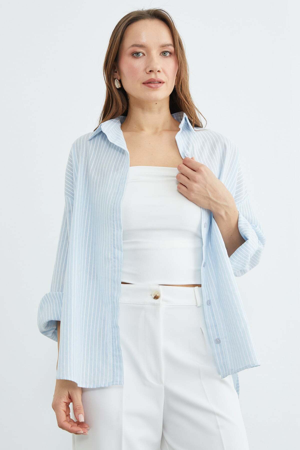 Fullamoda  Çizgili Arkası Uzun Oversize Gömlek