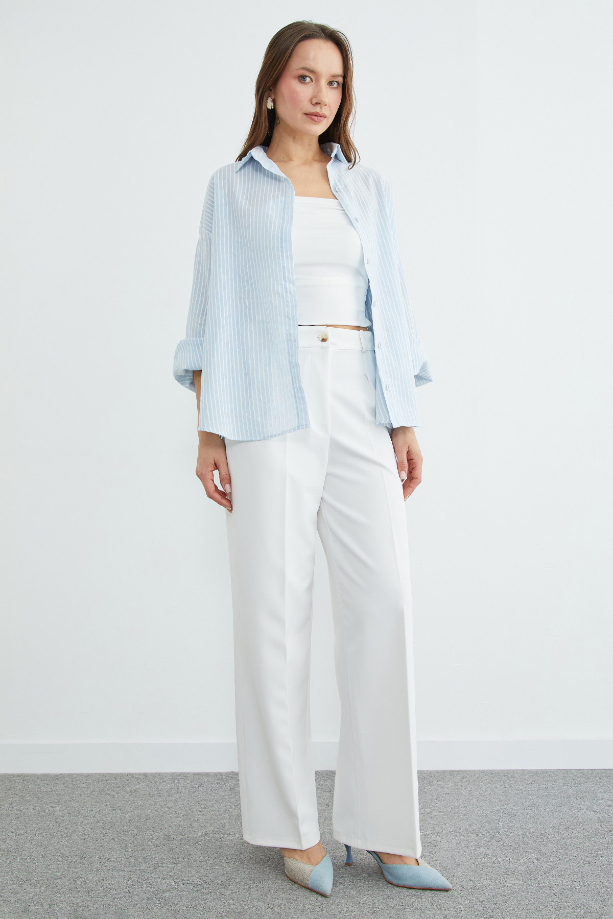 Fullamoda  Çizgili Arkası Uzun Oversize Gömlek - Görsel 2