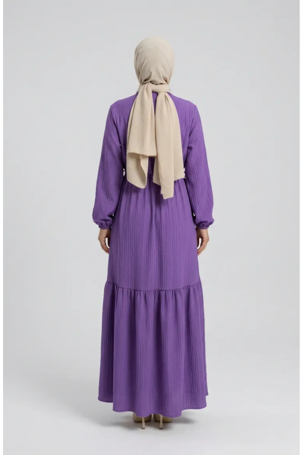 sefamerve  Beli Bağcıklı Yarım Düğmeli Elbise 0183-06 Lila - Görsel 4