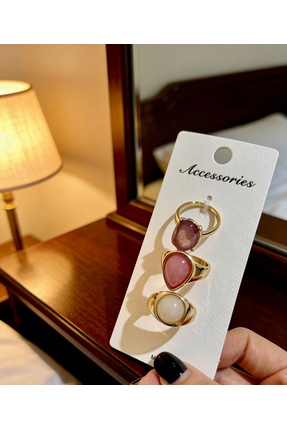 ayoljewelry Romantik Kombin: Pudra ve Lila Taşlı Lüks Çelik Yüzük Seti