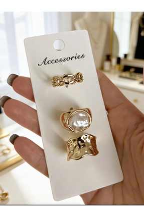 ayoljewelry 3'lü Kombin Barok İnci ve Hammered Çelik Yüzük Seti