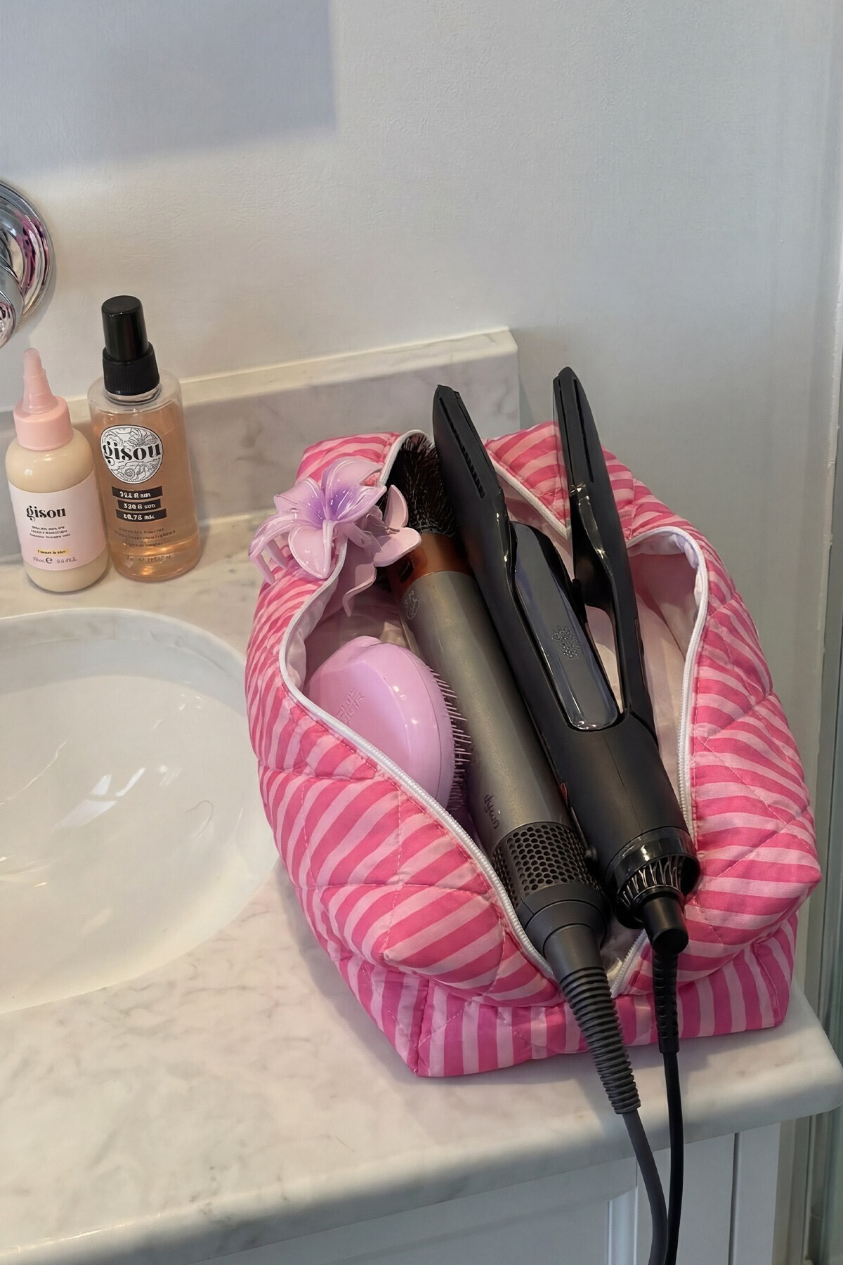 BAHELS باهلس کیف مسافرتی راه راه صورتی سایز XL برای انواع ابزارهای حالت دهنده مو — صورتی BHT-4234