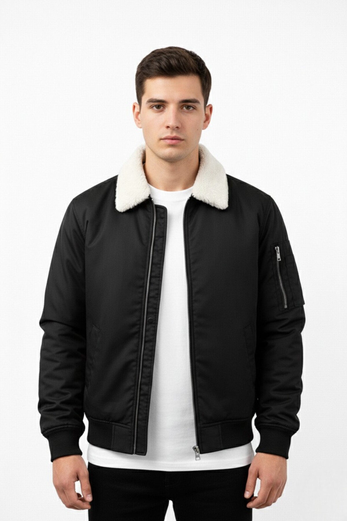 Unisex Peluş Yakalı Basic Bomber Ceket – Çift Cepli Kolej Stili