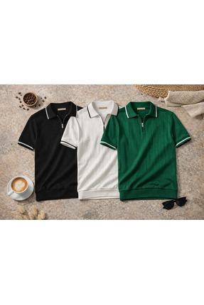 OTAKU Erkek Modern Polo Yaka Fermuarlı Triko T-Shirt 3'lü Set - Süper Ekonomi...