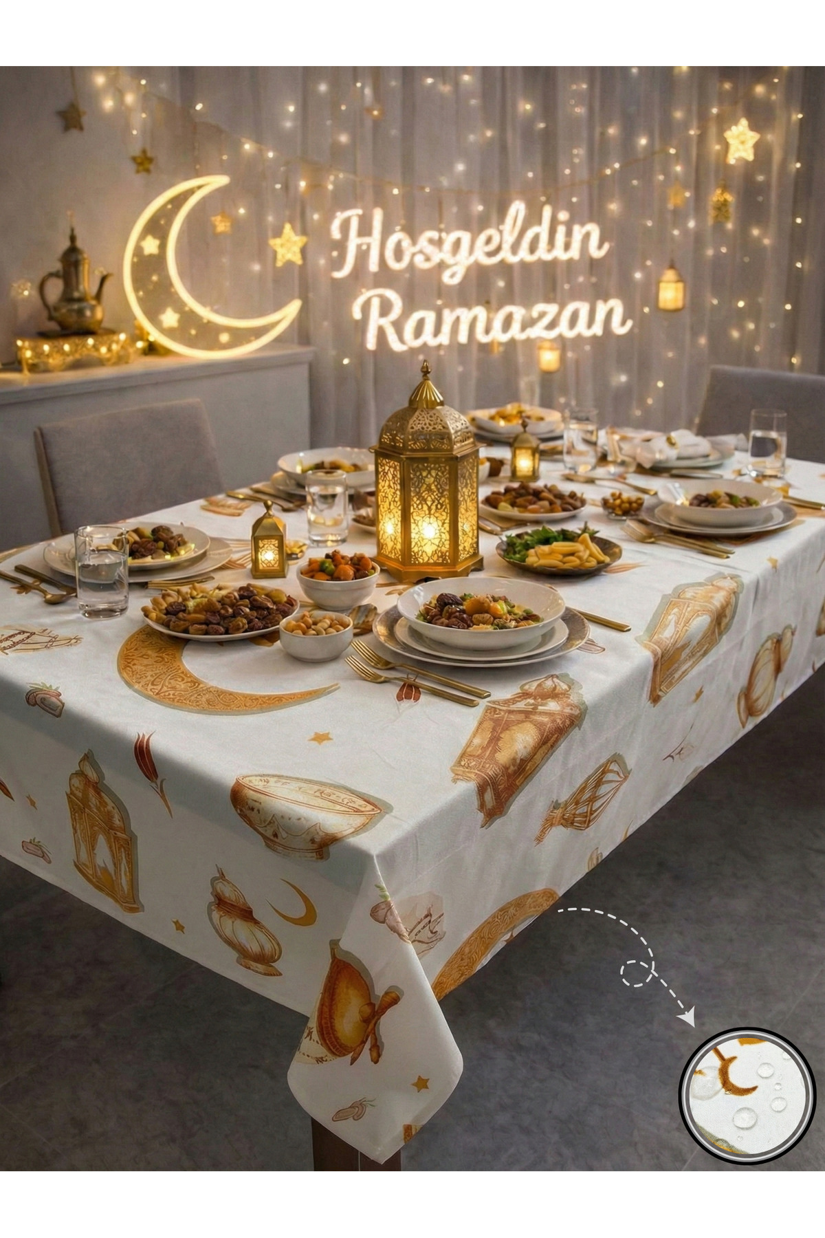 Liquid Proof Ramadan Tablecloth – Tablecloth with Stainproof, Wipeable and Washable Pattern