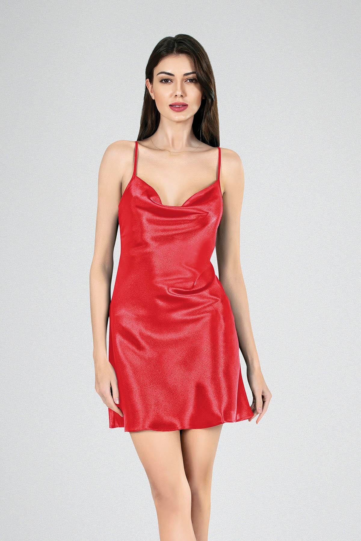 Slendos Kadın, Degaje Yaka, Kısa, Saten Gecelik