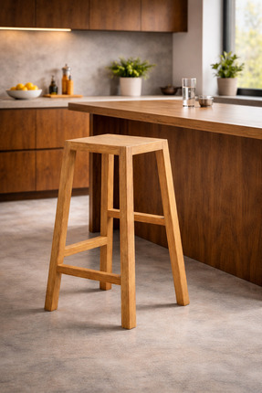 Handmade Masif Ahşap Bar Taburesi - Doğal Meşe Renk