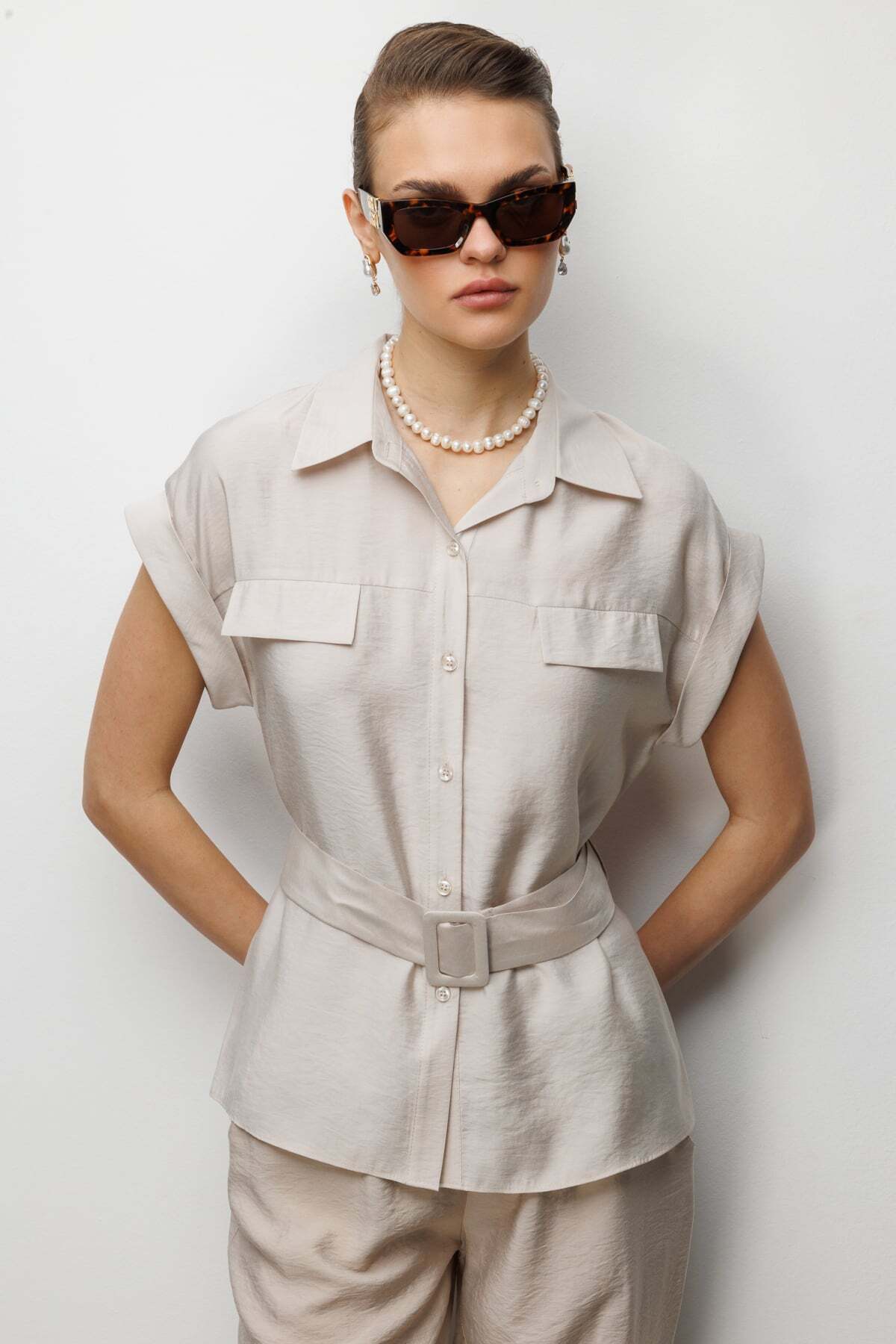 Belted Waist Short Sleeve Blouse