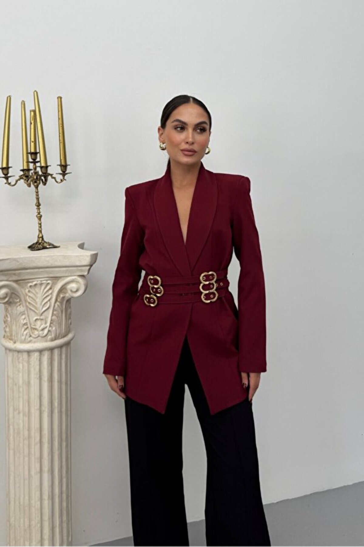 Women's Blazer with Gold Buckle Belt - Görsel 5
