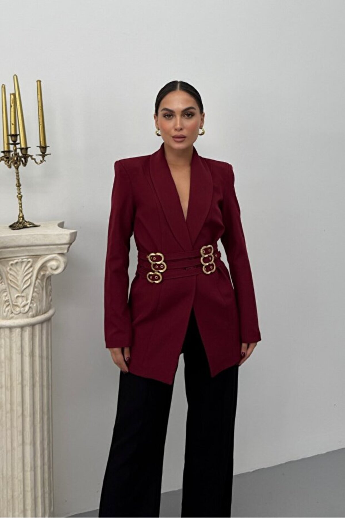 Women's Blazer with Gold Buckle Belt - Görsel 8