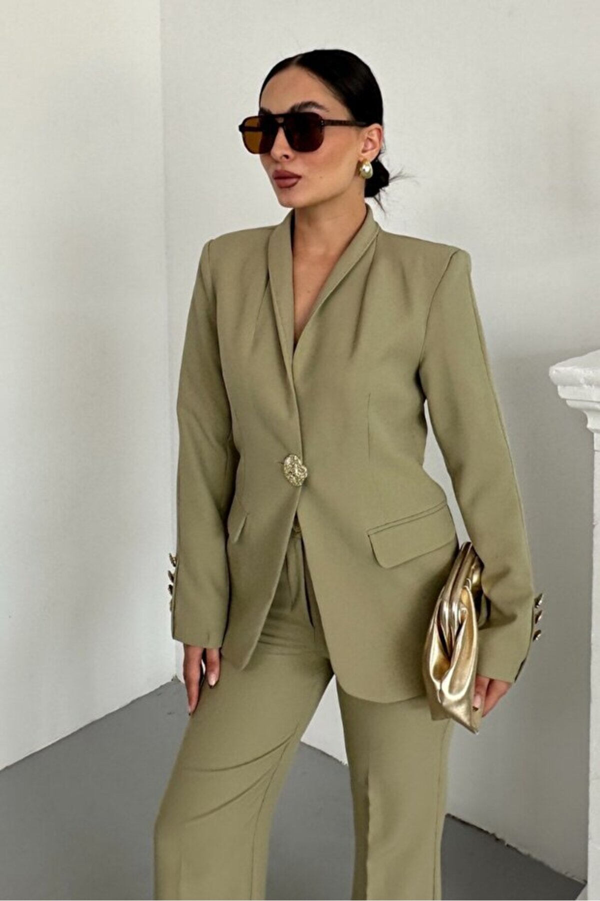 Women's Blazer Suit Set Khaki Buttoned Workwear - Görsel 7