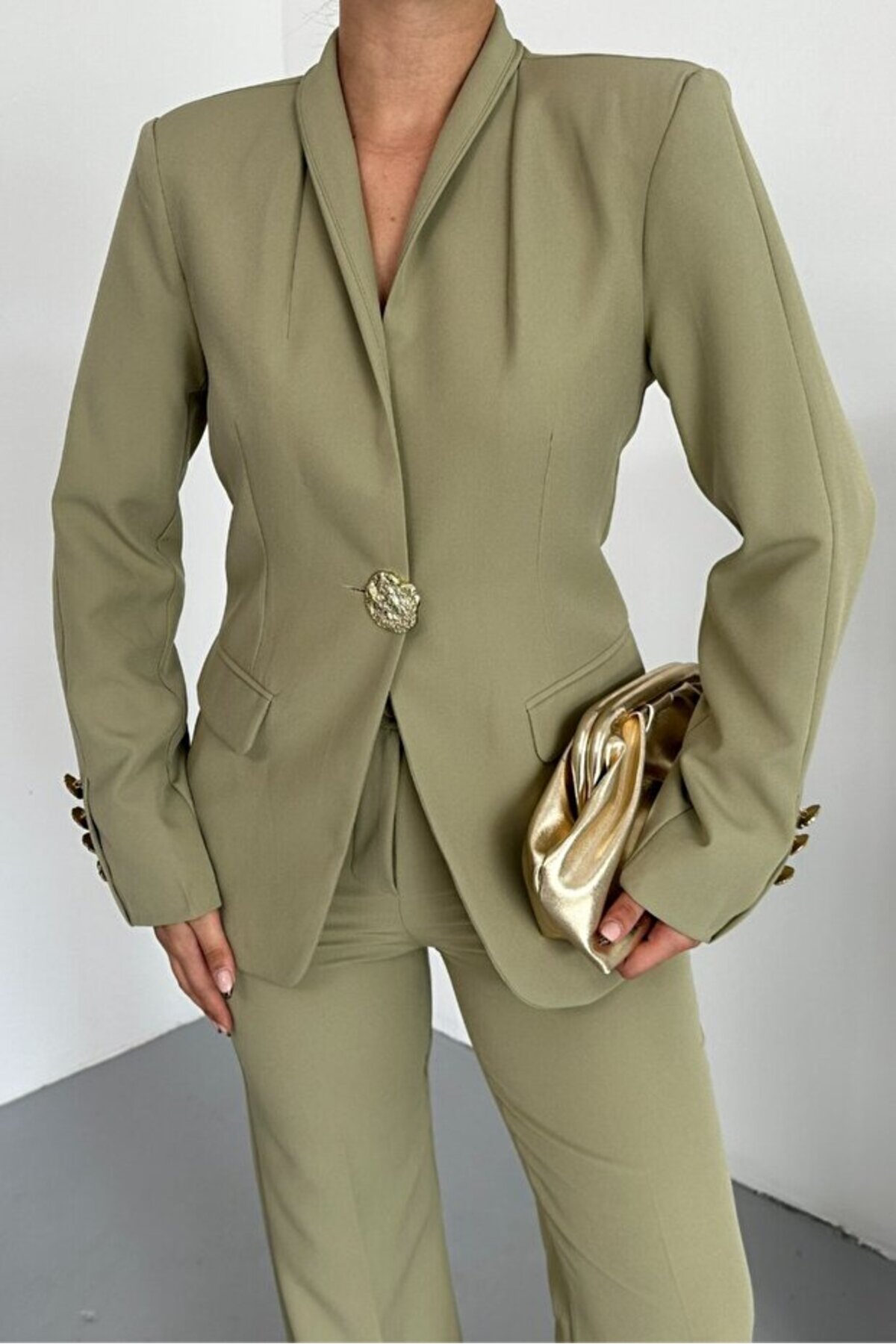 Women's Blazer Suit Set Khaki Buttoned Workwear - Görsel 3