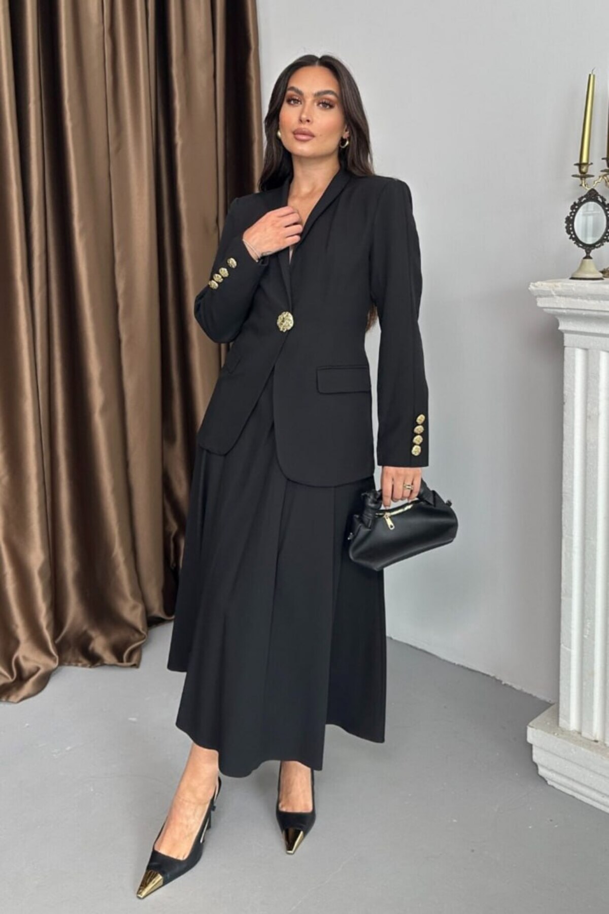 Gold Button Blazer Jacket and Skirt Set - Görsel 4