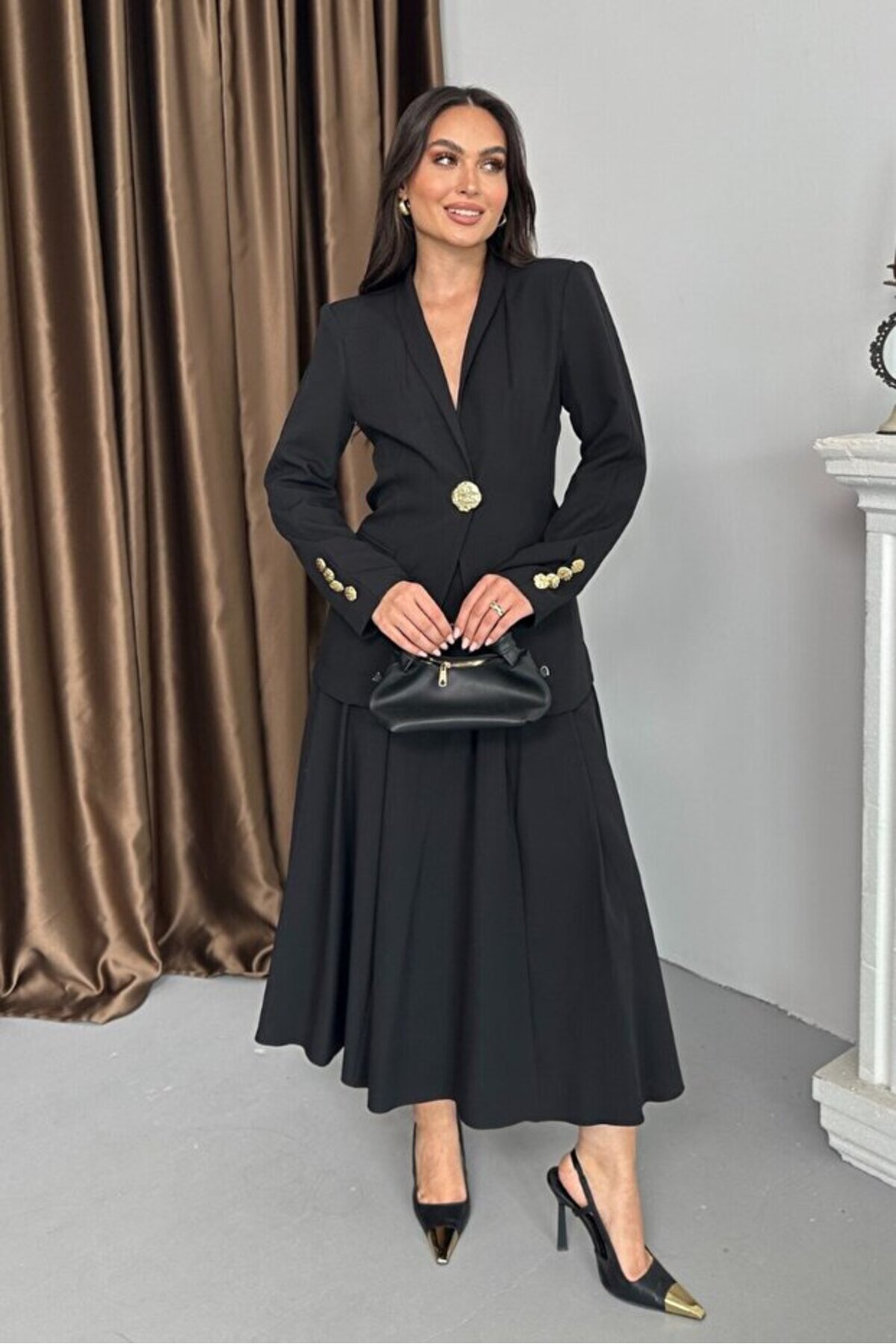 Gold Button Blazer Jacket and Skirt Set - Görsel 5