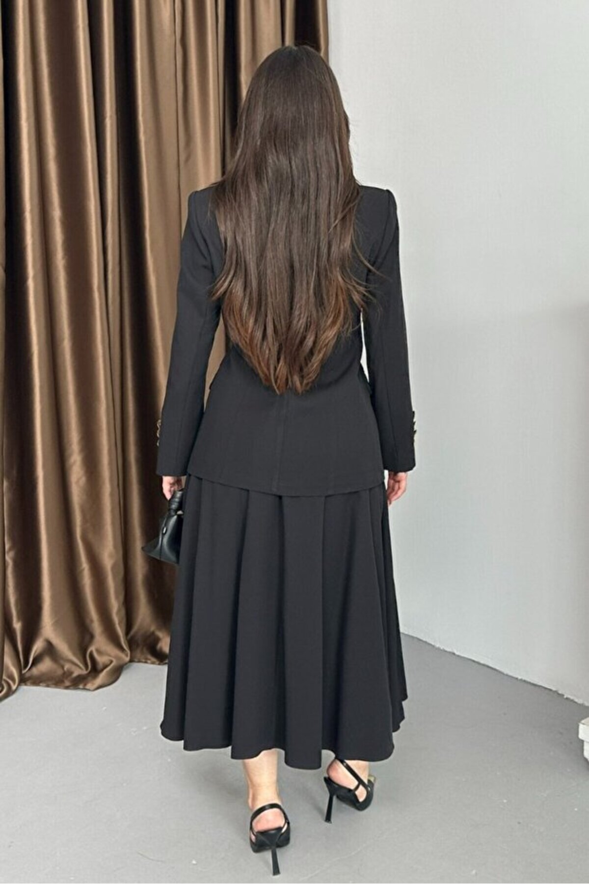 Gold Button Blazer Jacket and Skirt Set - Görsel 3
