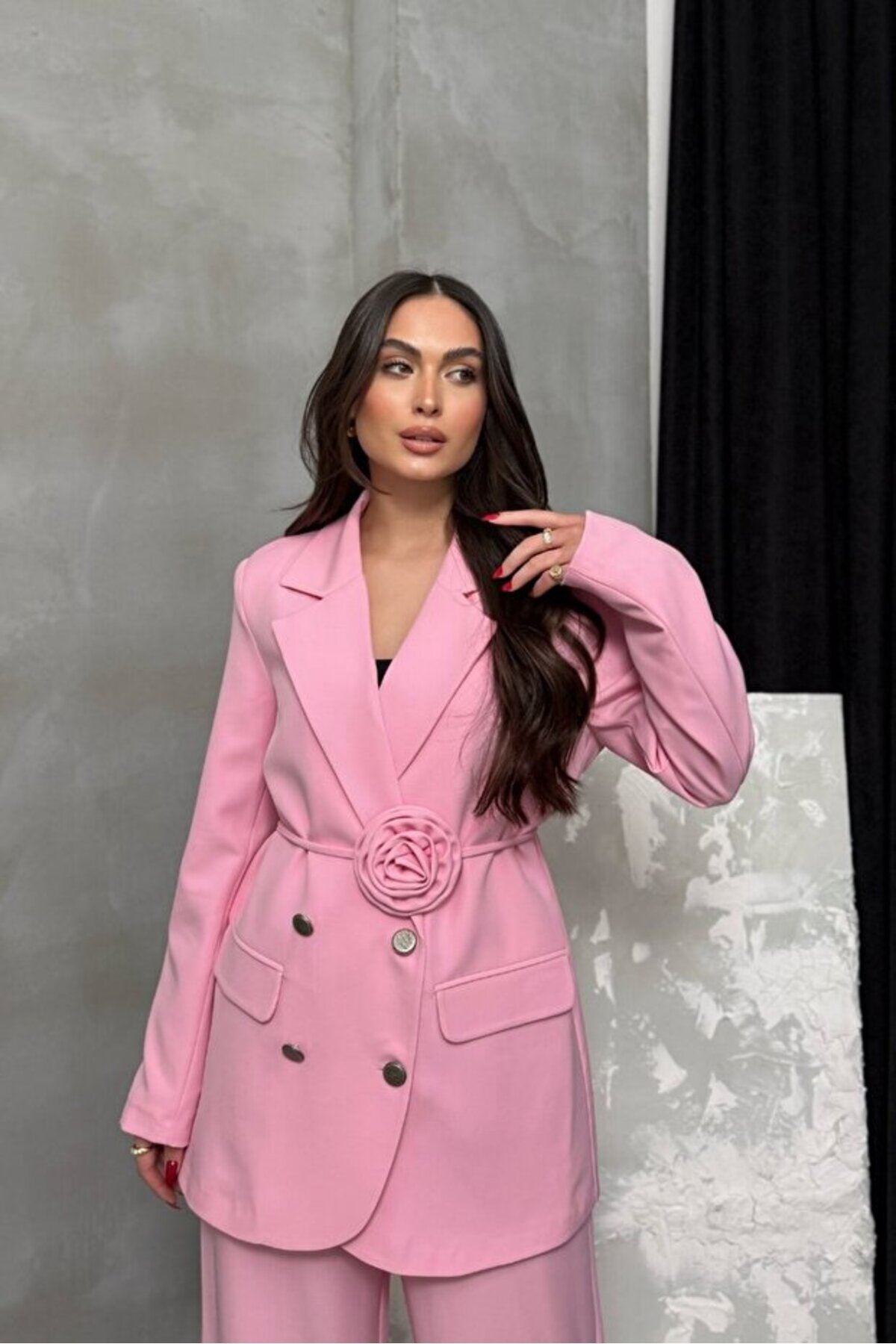 Women's Rose Accessory Detail Blazer and Trousers Set - Görsel 4