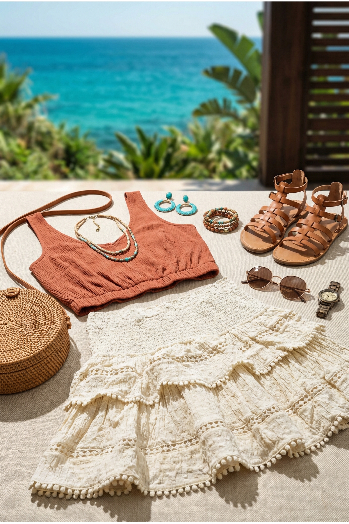 FASHION COCKTAIL  Yüksek Bel Geniş Lastikli Esnek Dantel Katlı İşlemeli Vintage Görünümlü Kombin Bohem Tatil Etek - Görsel 4