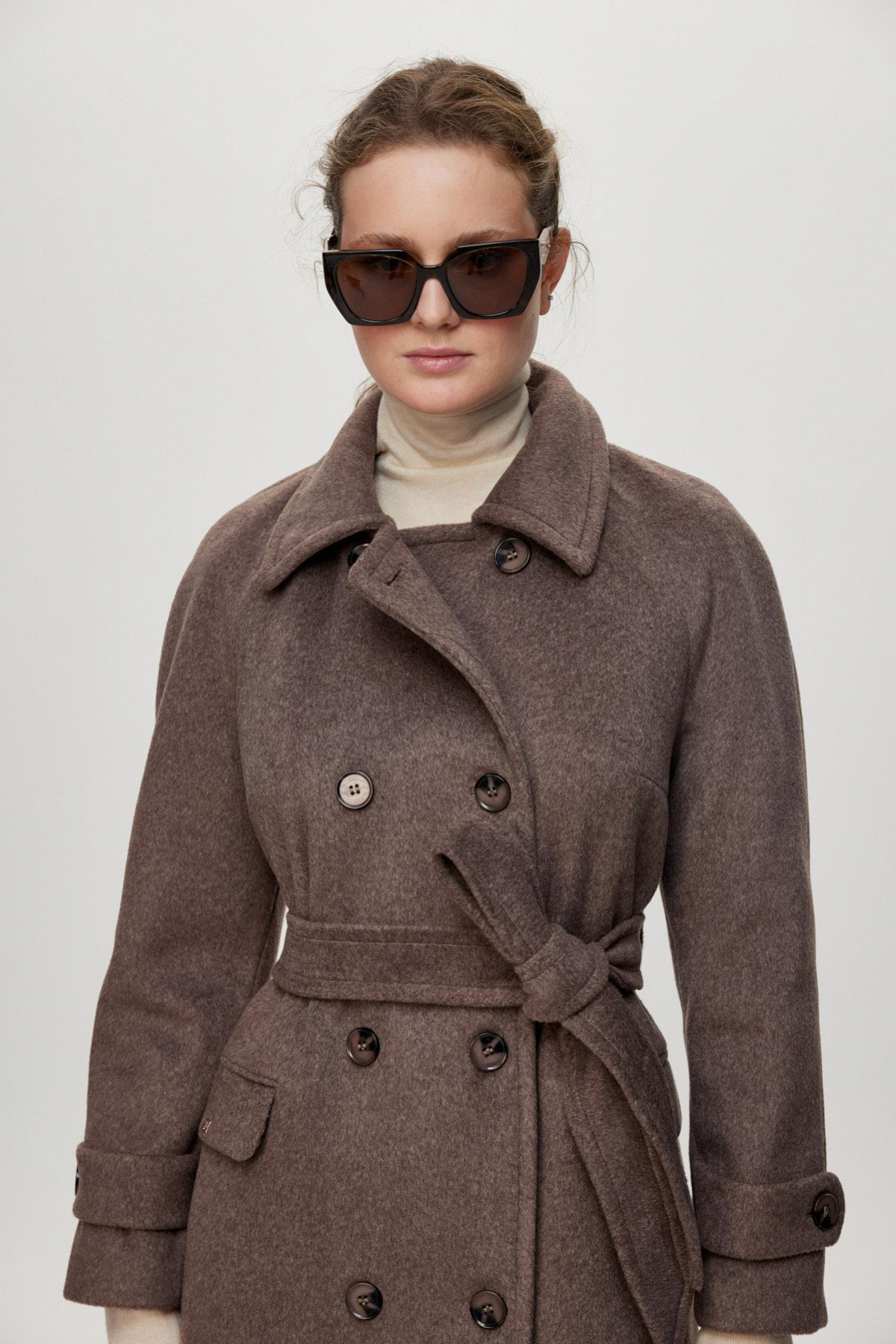 Zühre  Çift Cepli Kuşaklı Kaşe Kahve Kaban 13659 - Görsel 4