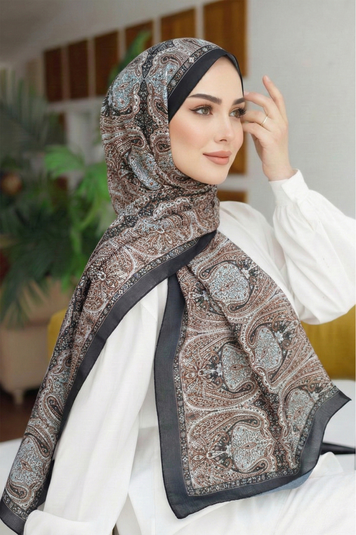 Siyah-Taba Etnik Desenli Etro Pamuk Keten Vintage Şal