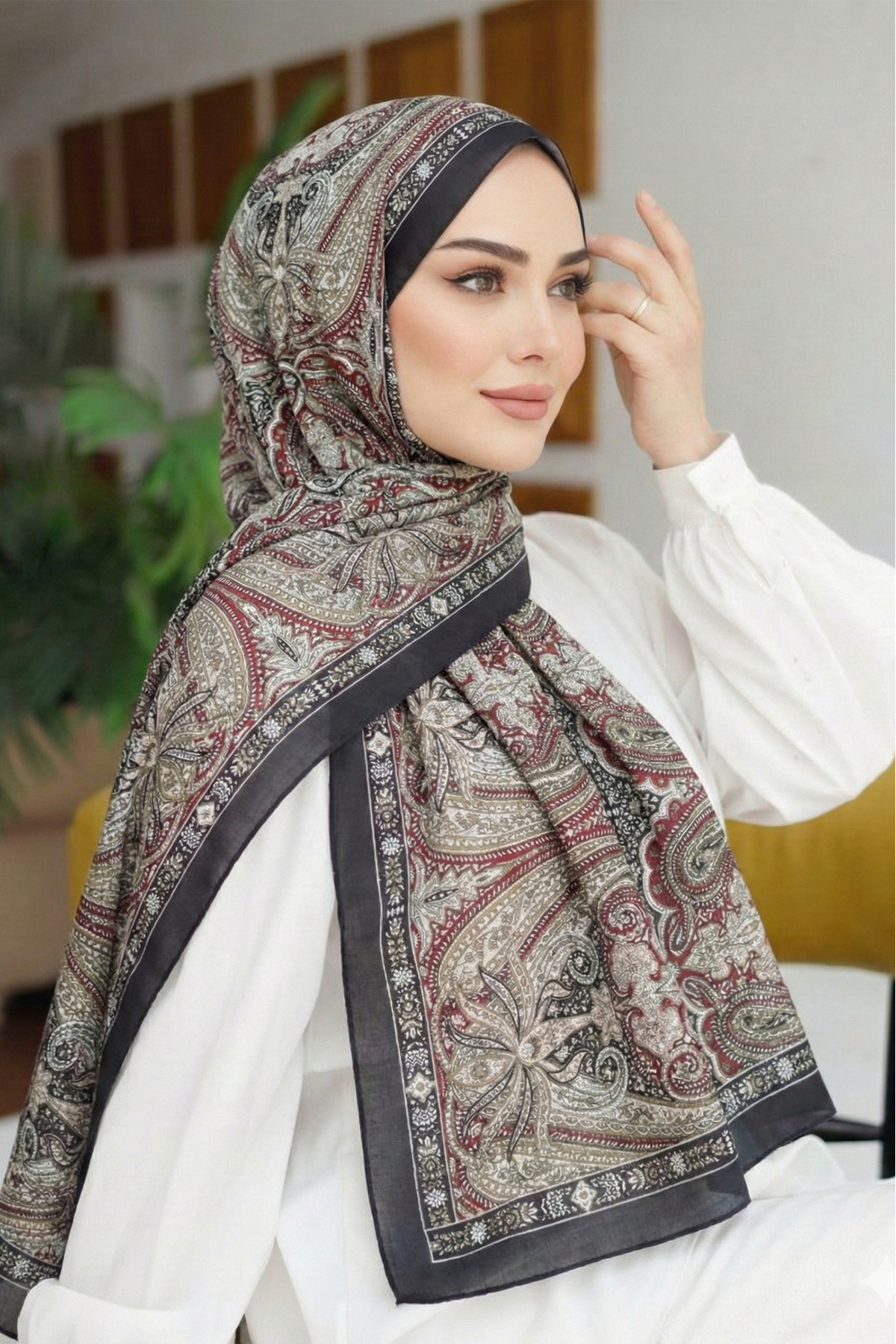 Acı-Kahve-Bordo Etnik Desenli Etro Pamuk Keten Vintage Şal
