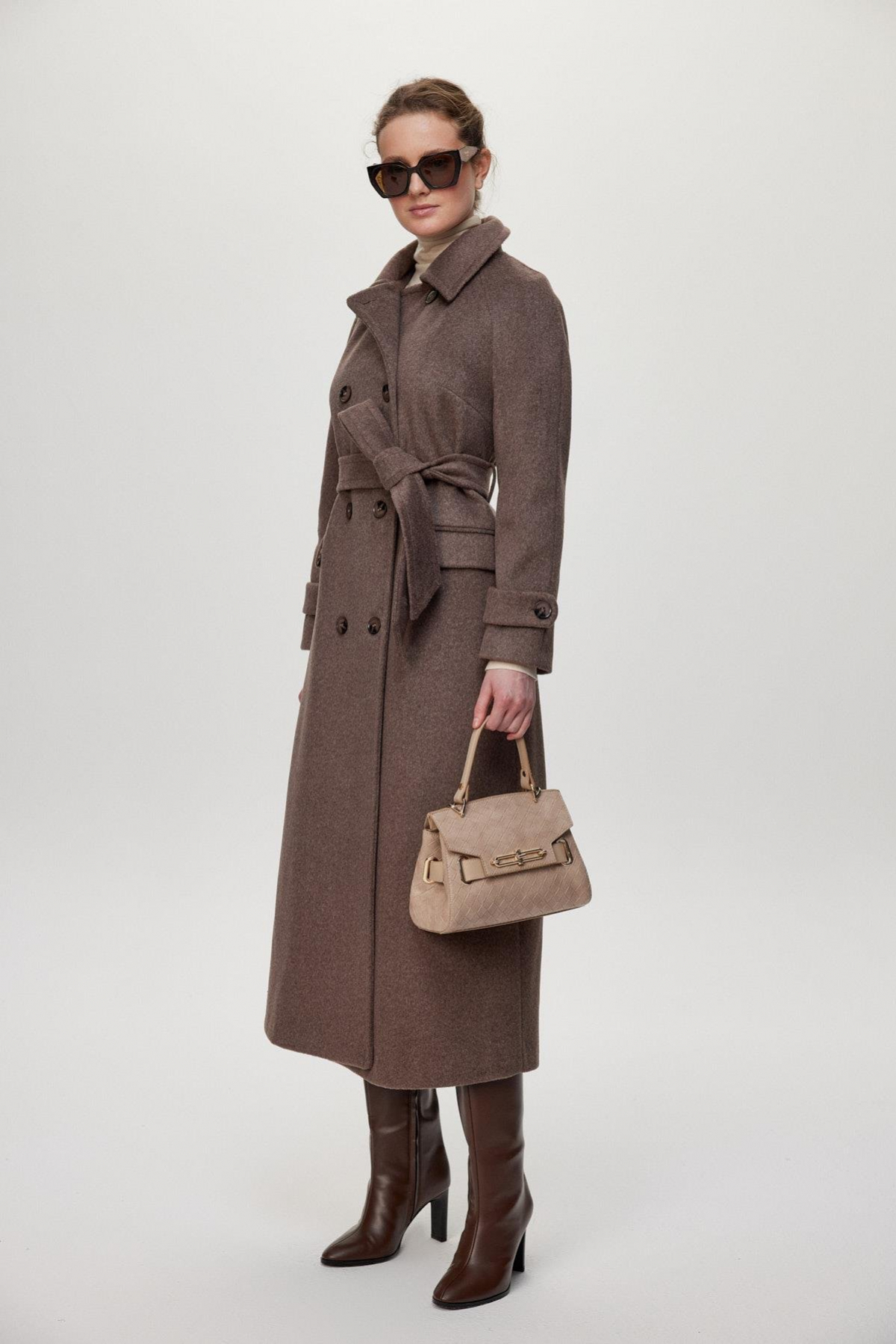 Zühre  Çift Cepli Kuşaklı Kaşe Kahve Kaban 13659 - Görsel 3