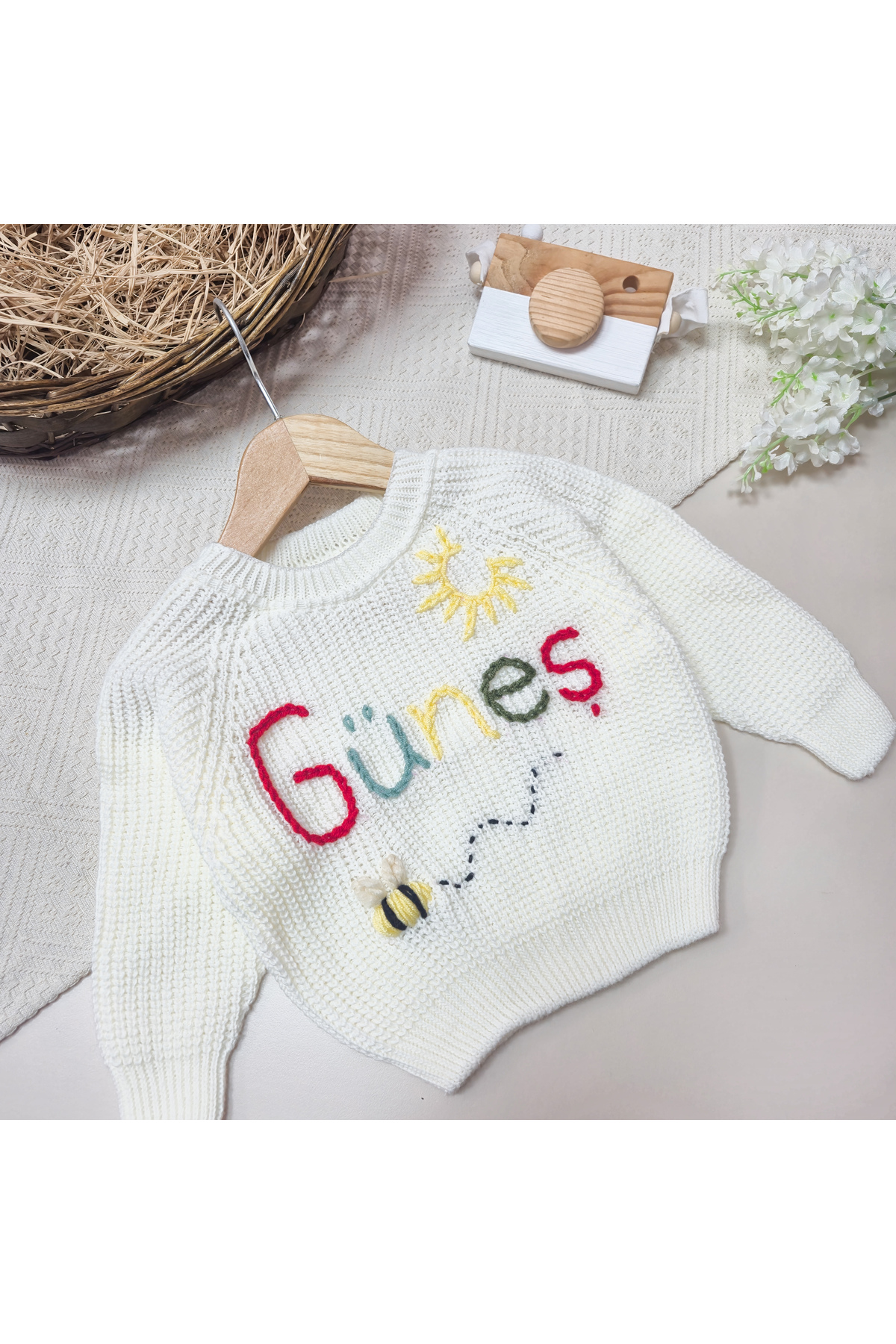 FLOWER BABY kişiye özel isim yazılı motif işlemeli özel gün bebek çocuk selanik overisze kazak fotoğrafı 3 (önizleme)