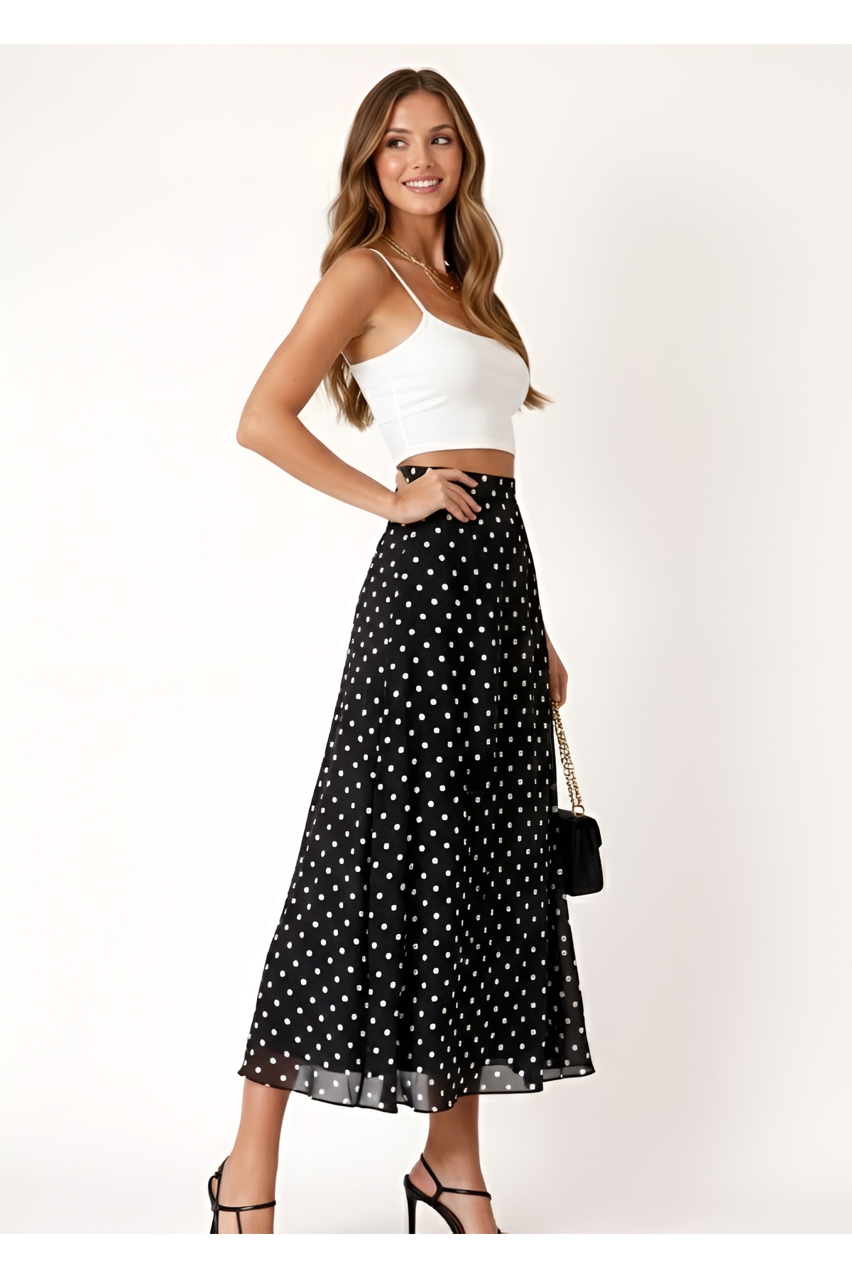 BLOUSE  Siyah Beyaz Puantiyeli Midi Etek - Görsel 4