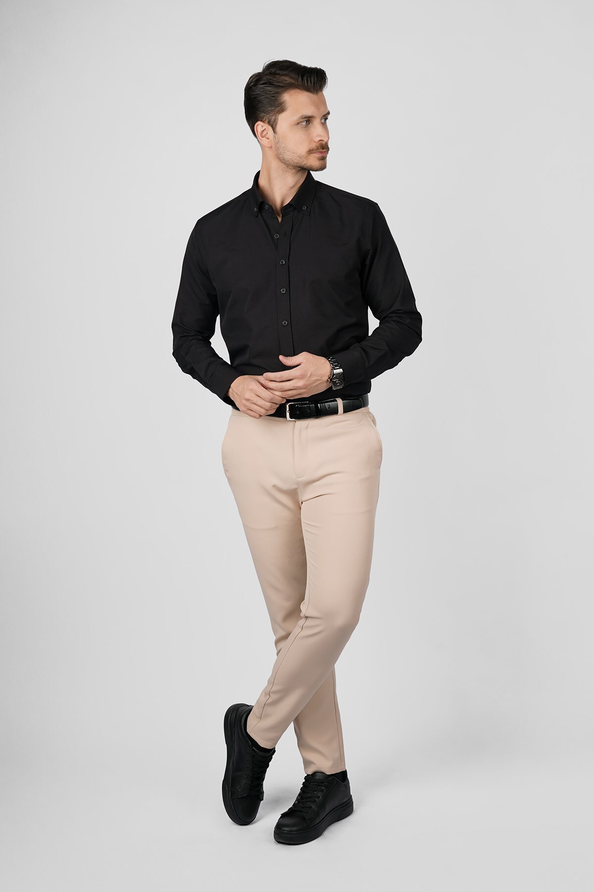 Etikmen  Siyah Yaka Düğmeli Premium Şamre Slimfit Erkek Gömlek - Görsel 3