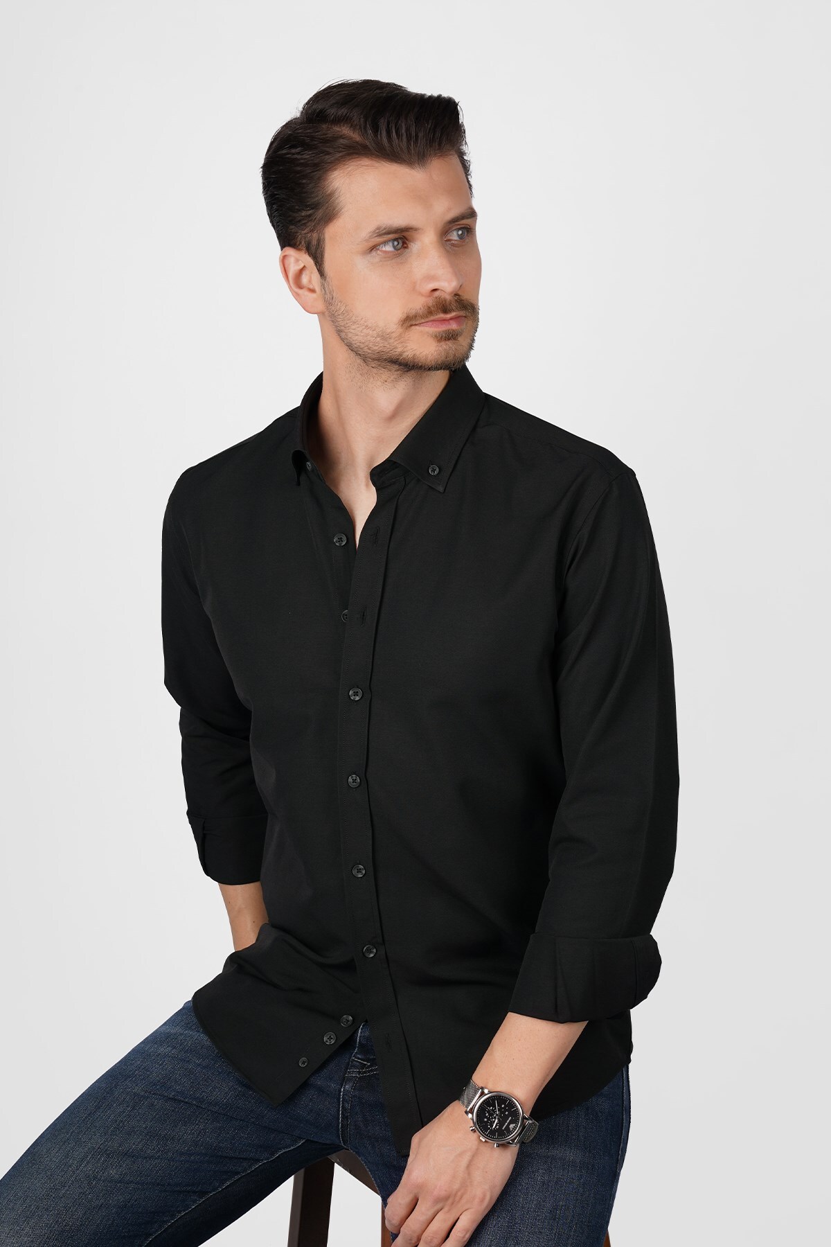 Etikmen  Siyah Yaka Düğmeli Premium Şamre Slimfit Erkek Gömlek - Görsel 5