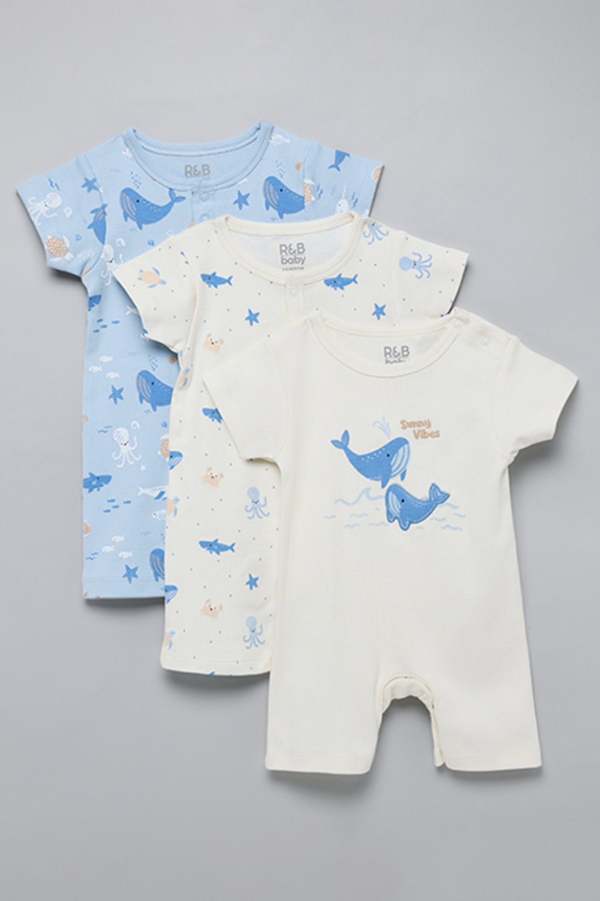 R&B Boy's Multicolor 3 Pack Printed Rompers with Short Sleeves