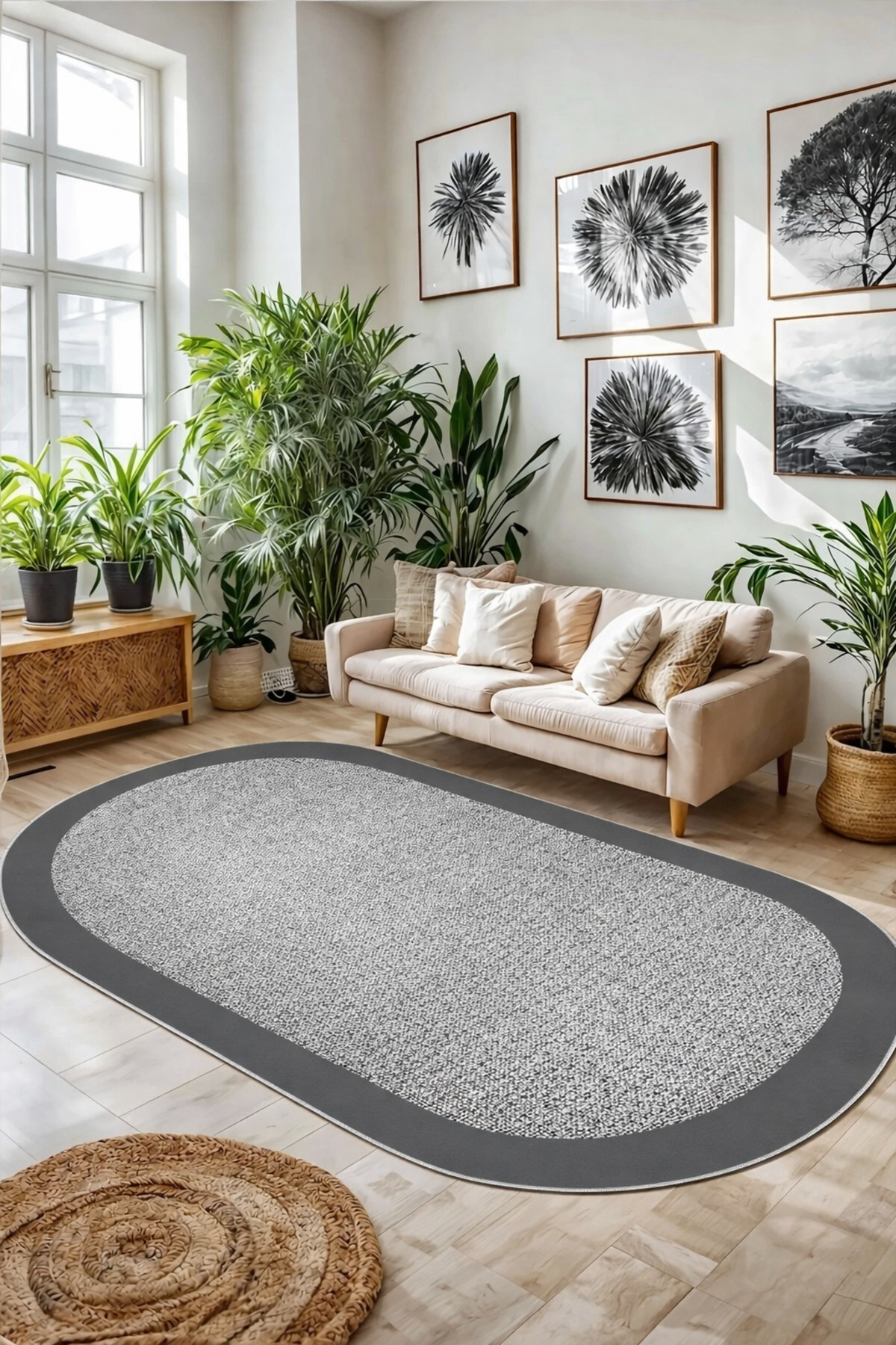 df home Salon Halısı Geometrik İskandinav Eskitmeli Dijital Baskı Yıkanabilir Kaymaz Taban 3517/Oval