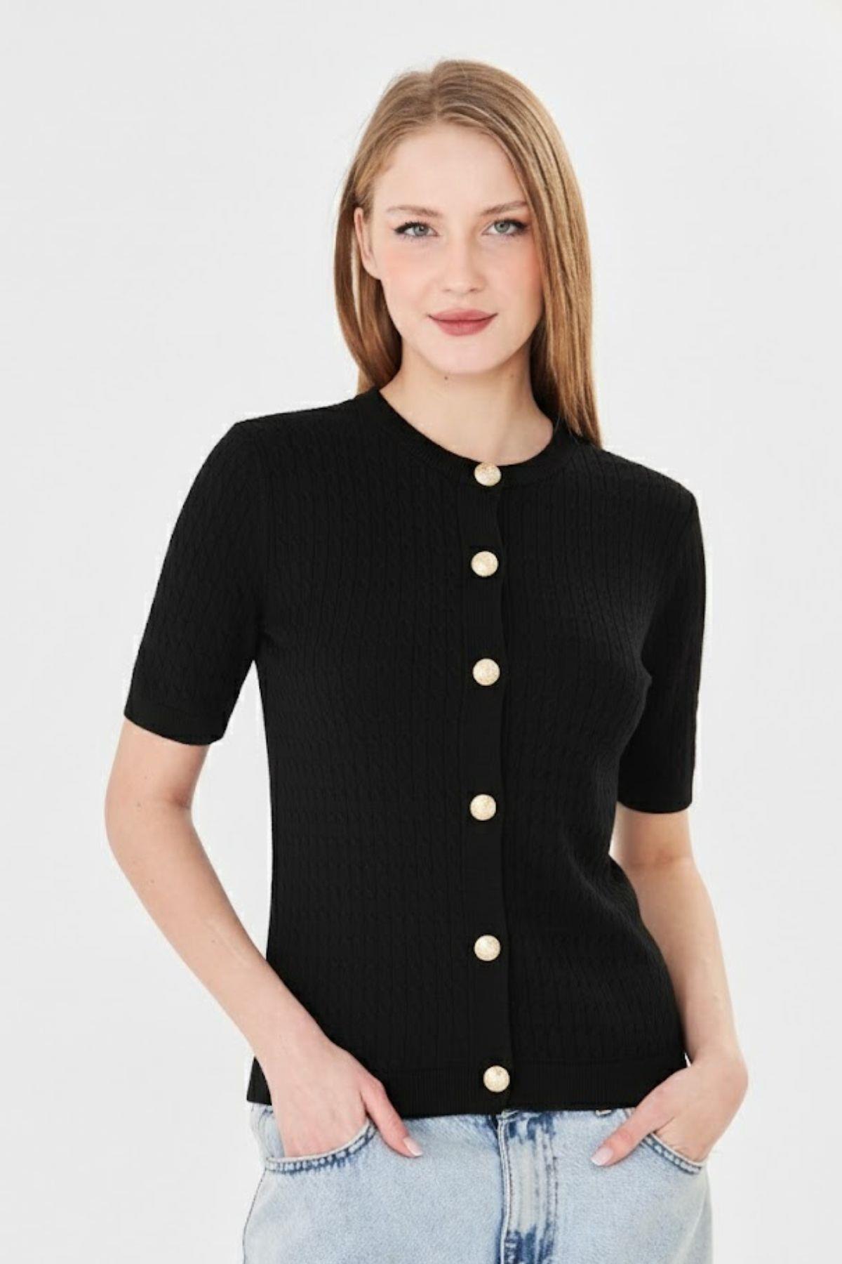 Women's Crew Neck Hair Weave Short Sleeve Knitwear Cardigan 121824 Black