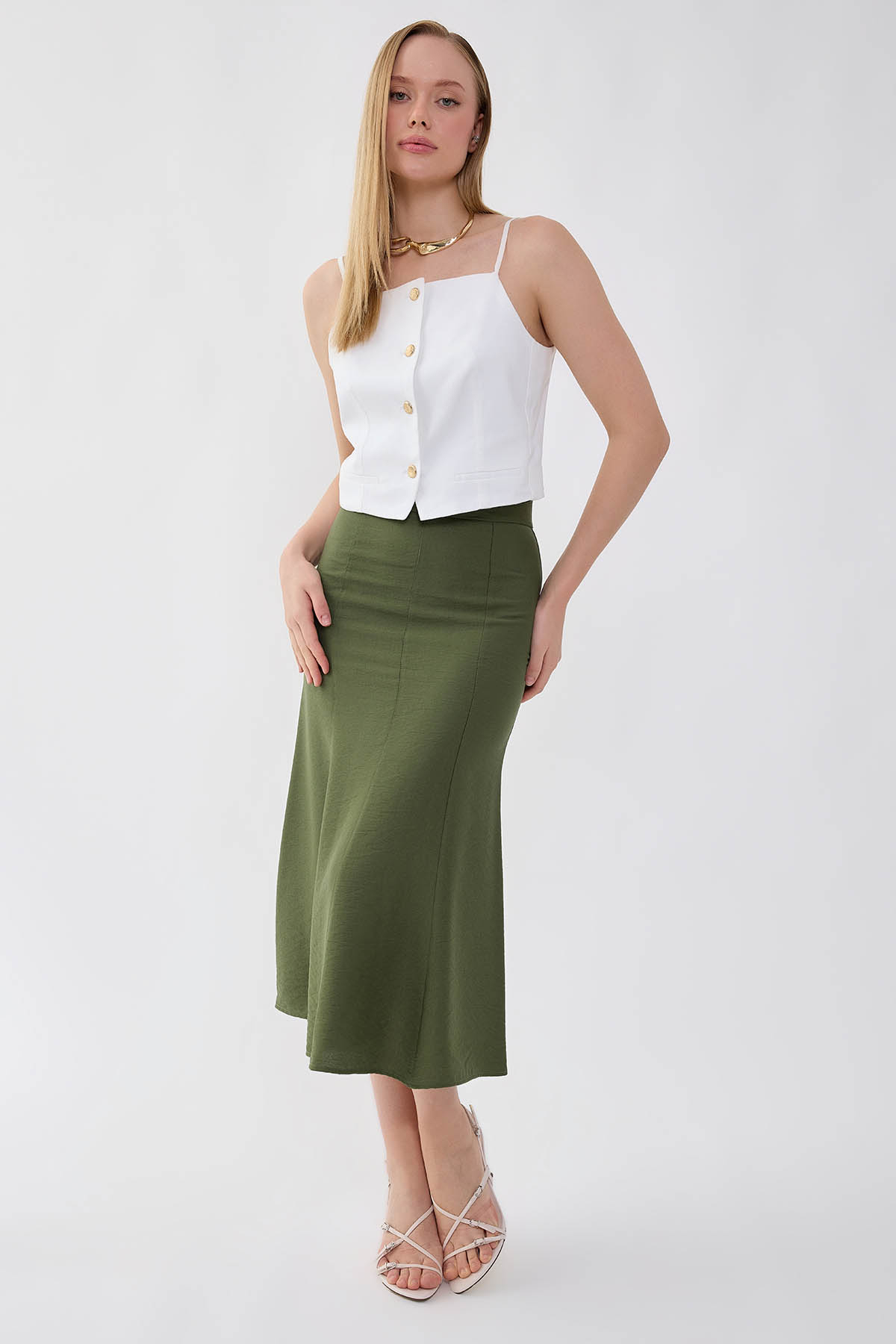 Vitrin  Önü Dikiş Detaylı Midi Boy Etek - Görsel 3