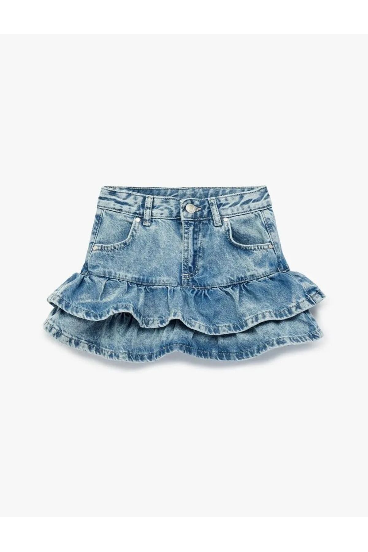 Koton  Pamuklu Kat Kat Fırfır Detaylı Cepli Mini Denim Etek