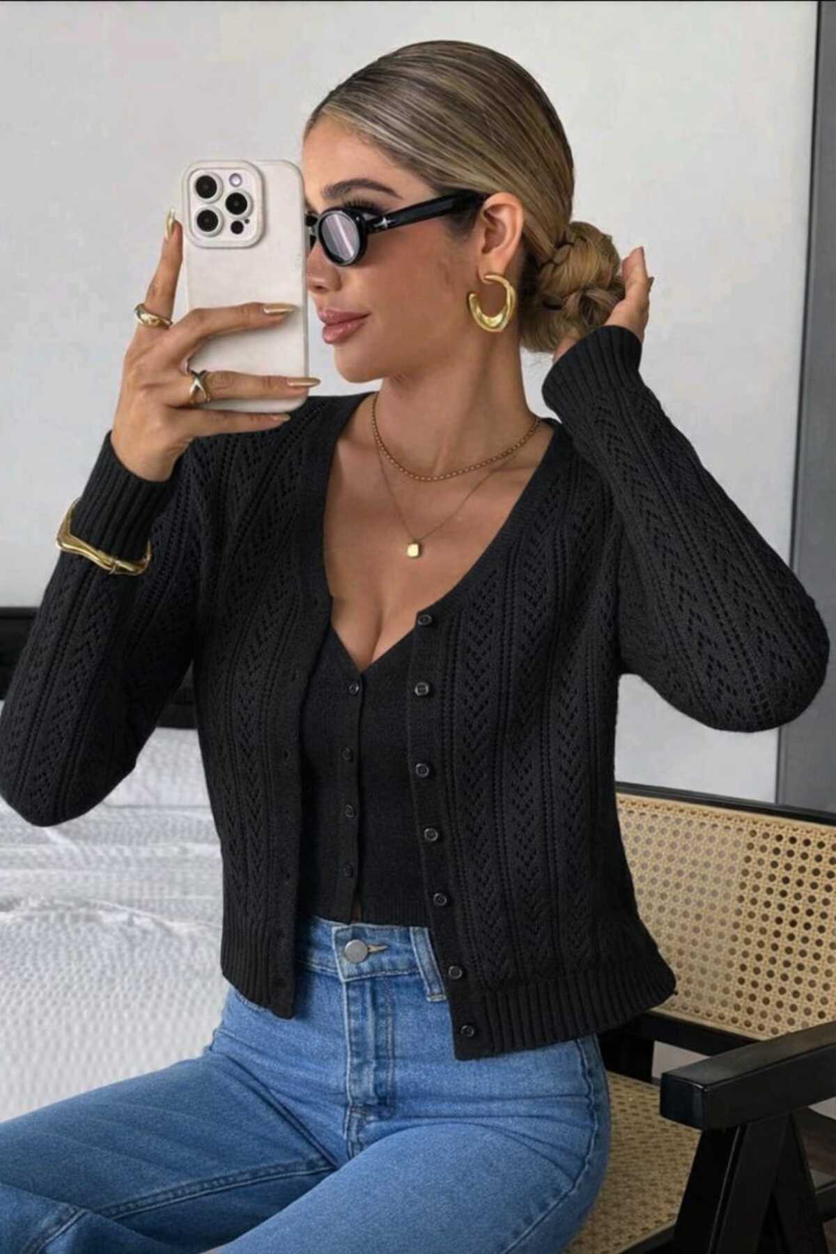 Bracha  Ajurlu Desen Düğme Detaylı V Yaka %100 Pamuk Triko Hırka - Görsel 2