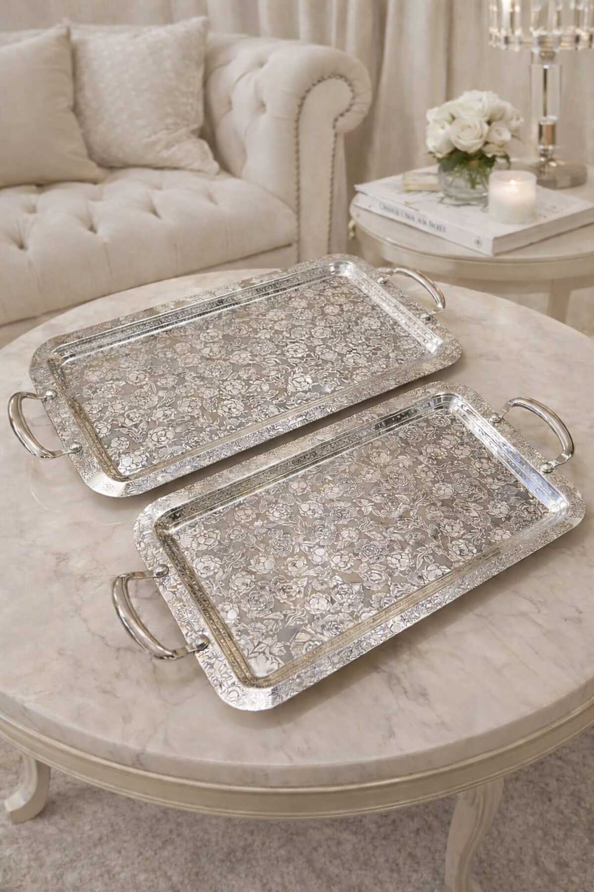 RASHA COLLECTION Silver Plated 2-Piece Tray Set
