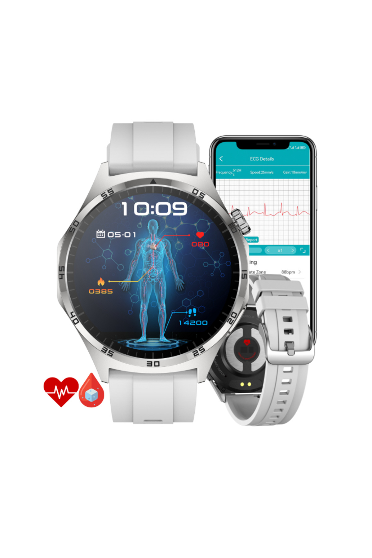gitech Ceas inteligent cu monitorizare a glicemiei, ECG, tensiune ...