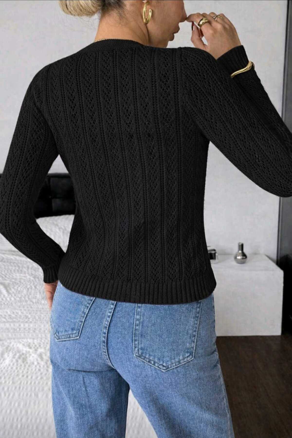 Bracha  Ajurlu Desen Düğme Detaylı V Yaka %100 Pamuk Triko Hırka - Görsel 3