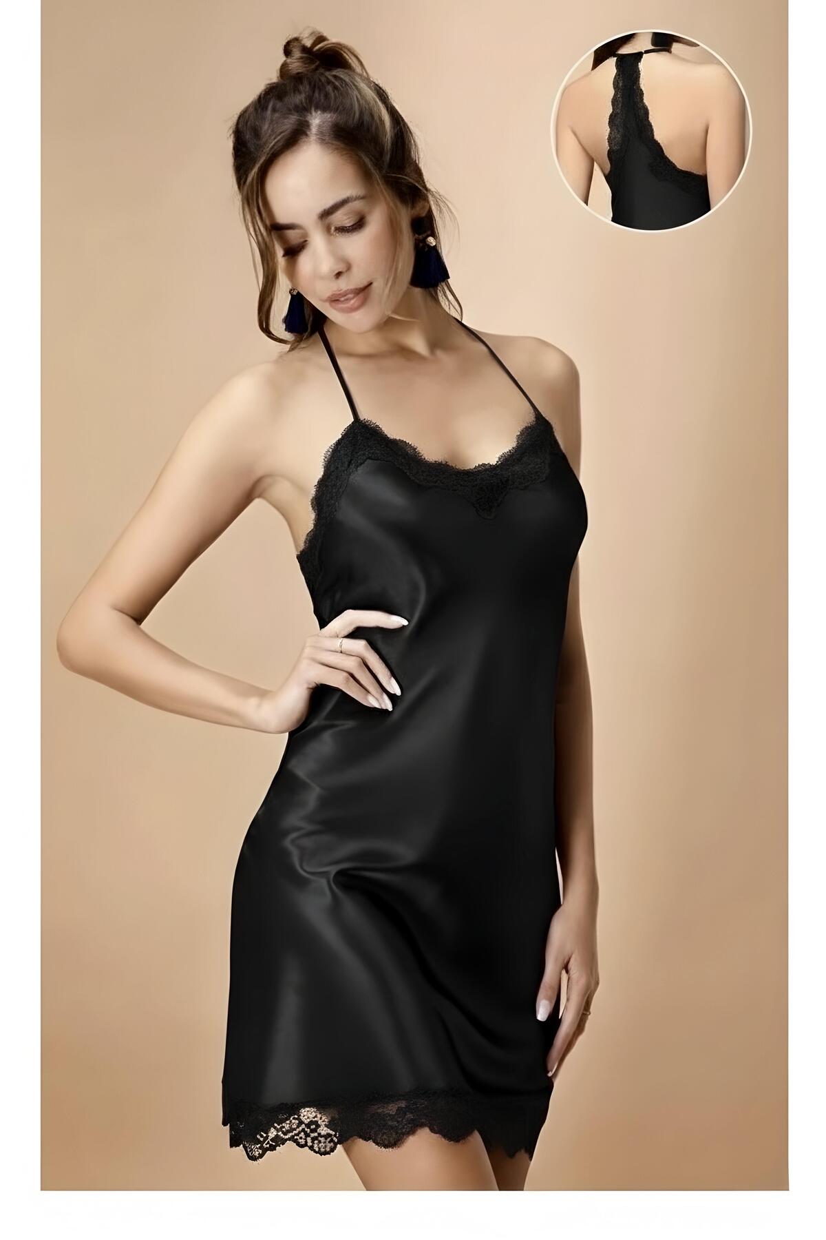 Nurteks 5430 Saten Dantel Detaylı Sırt Dekolteli Şık Gecelik