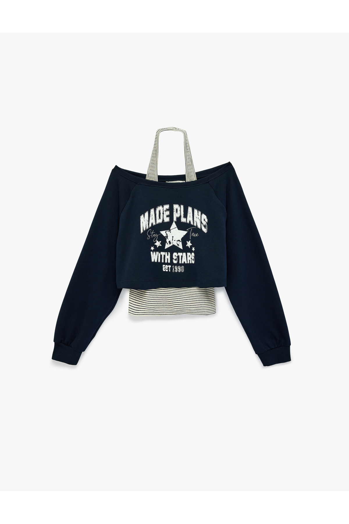 Koton  Rahat Kalıp Uzun Kollu Boyundan Bağlama Detaylı Crop Baskılı Sweatshirt - Görsel 3