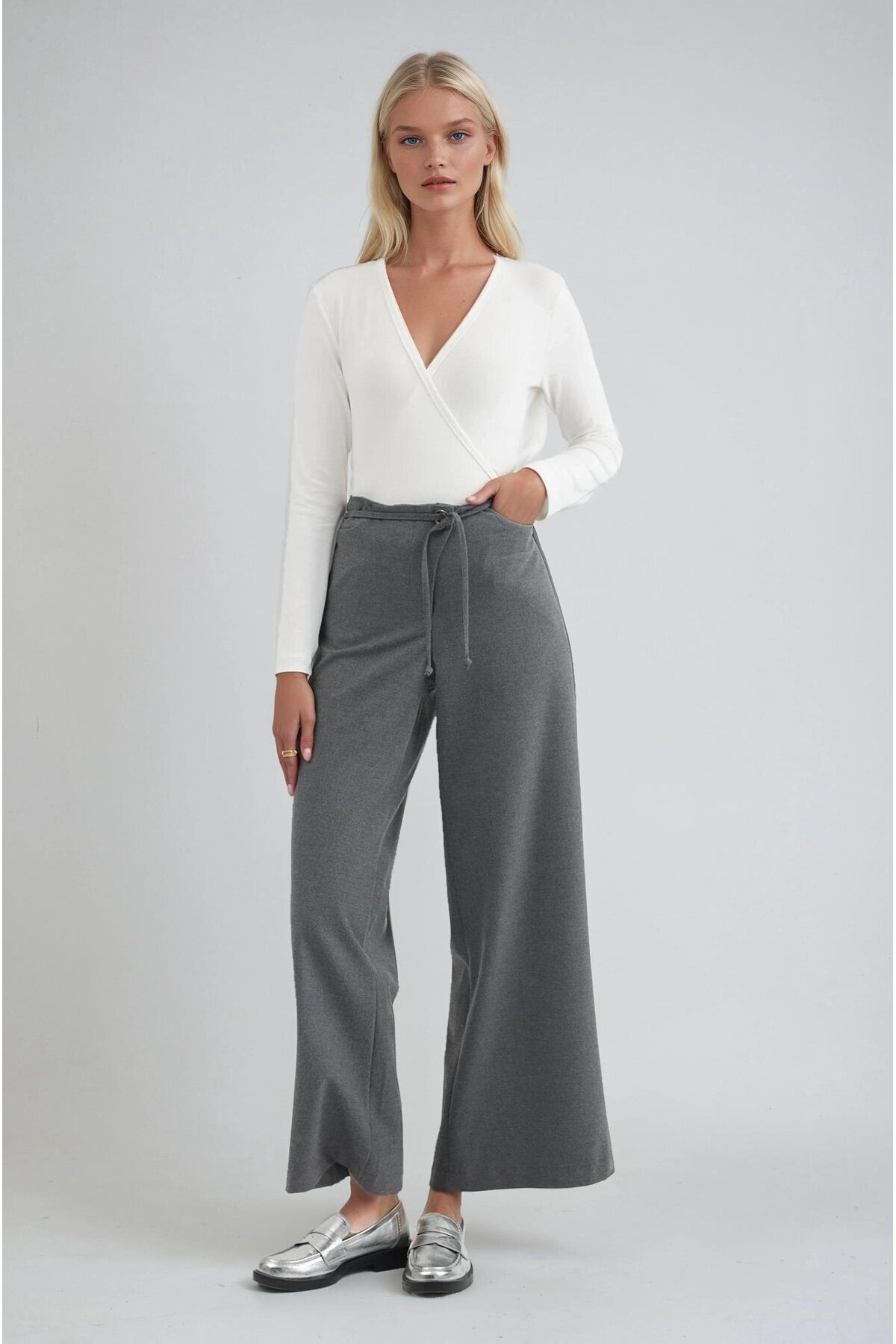 Basic Wide Leg Pants with Belt Detail 0126