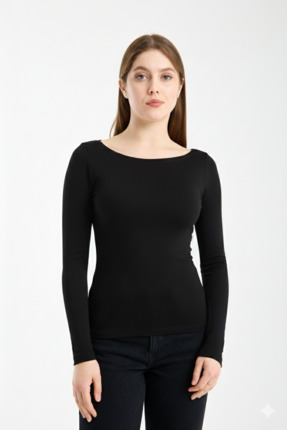 MERİCEY Kadın Kayık Yaka Uzun Kollu Slim Fit Basic Bluz (Bandana Hediyeli)
