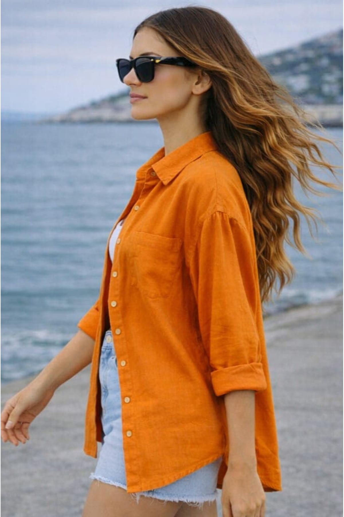 bb butik basic Oversize Keten Dokulu %100 Pamuk Salaş Gömlek BB-KU3435 görsel 6