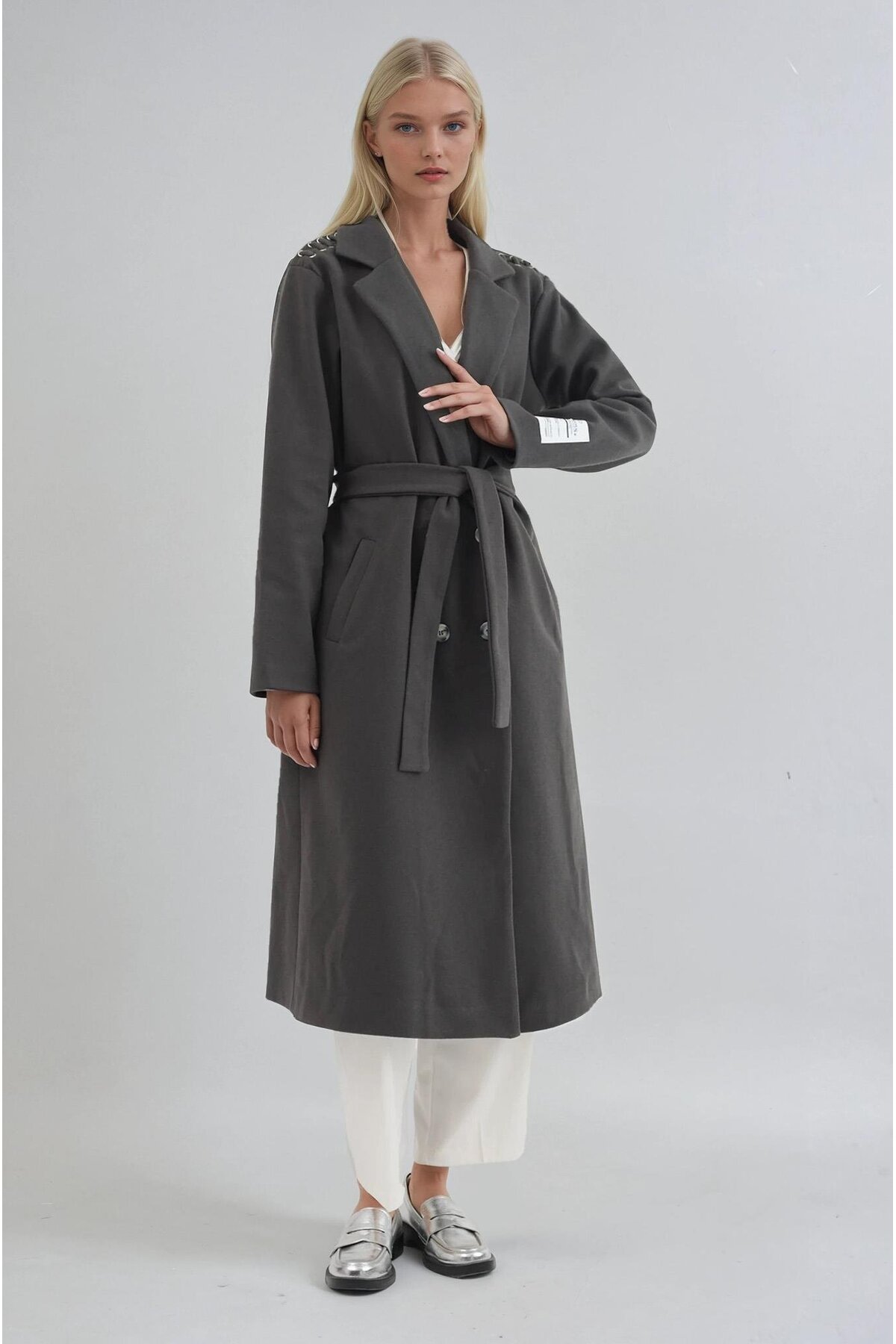 Lijuri  Omuzları Örgülü ve Kolu Manşet Detaylı Kuşaklı Kaşe Kaban 7097 - Görsel 4