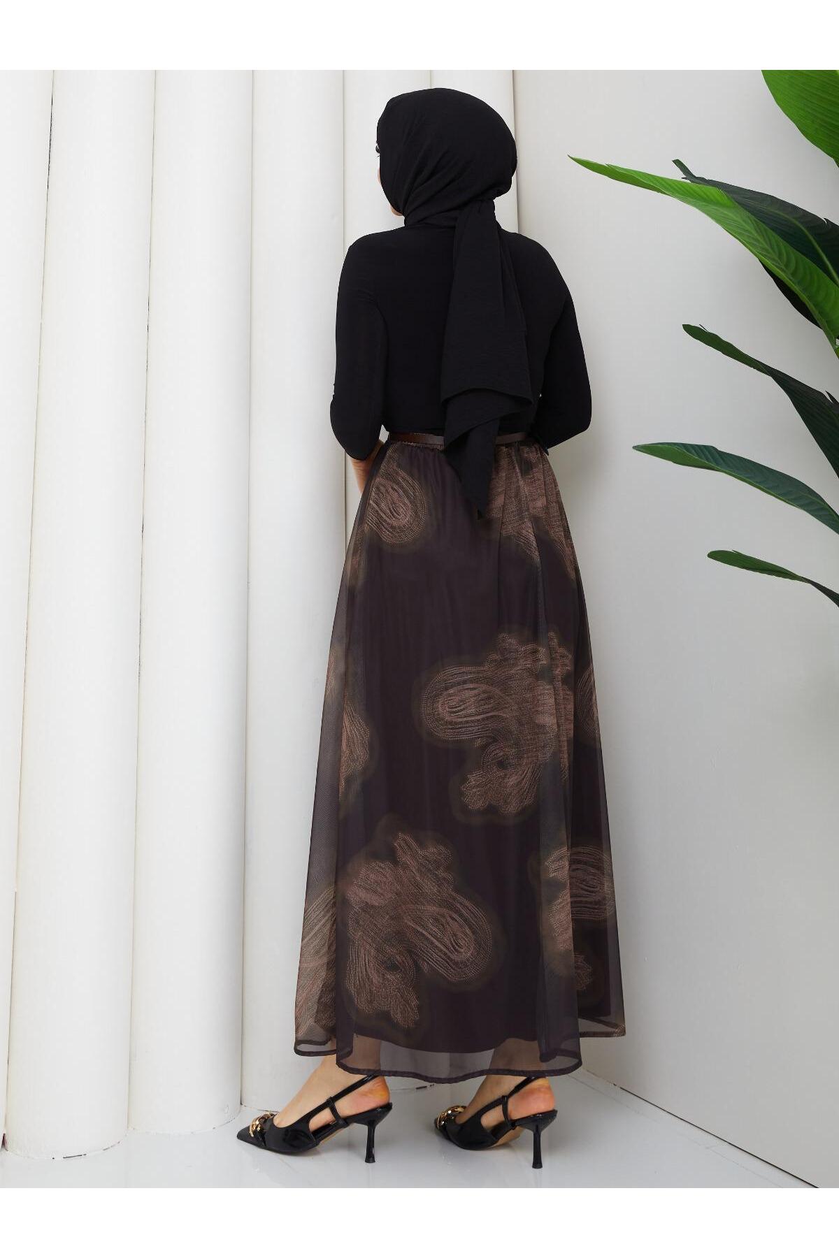 Güba Ticaret  Kadın Dijital Baskı Şifon Uzun Etek – Yüksek Bel, Astarlı, Günlük & Şık Kombinlere Uygun - Görsel 5